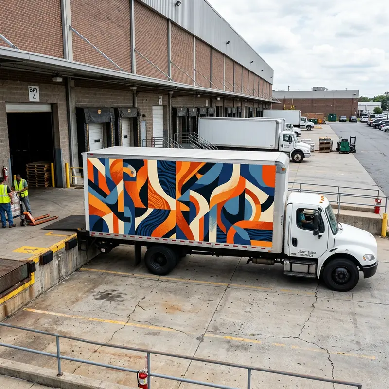 Box truck with a full side wrap in orange and navy shapes