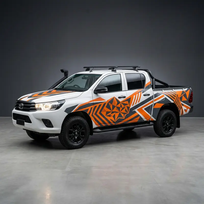 White work ute with bold orange and charcoal business livery