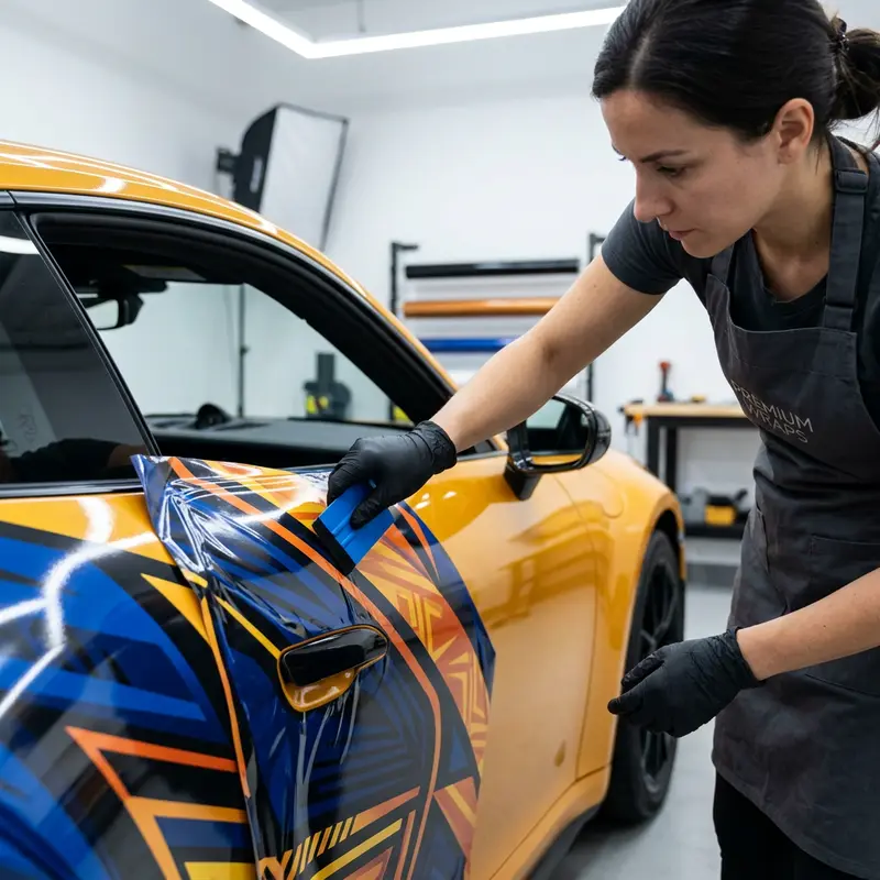 Installer smoothing a printed vinyl wrap across the door of a sports car