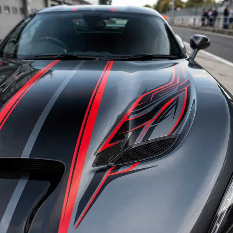 Black and red racing stripes and a sleek decal applied across a car bonnet