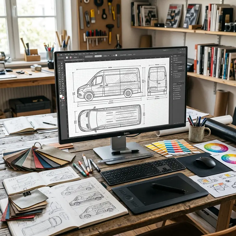 Designer workstation with a van outline template and colour swatches