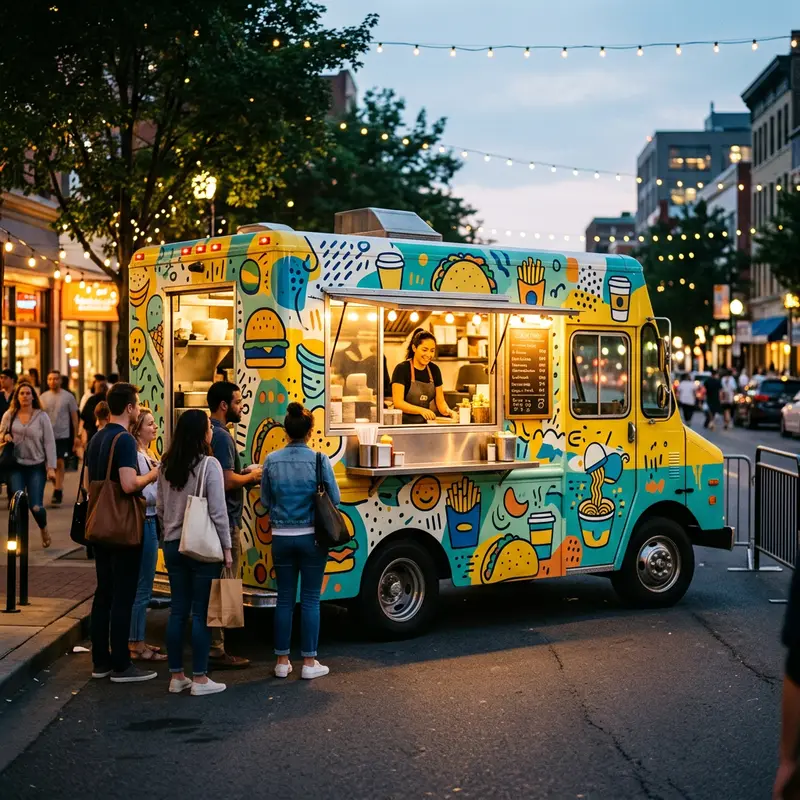 Food truck in bright yellow and teal wrap graphics