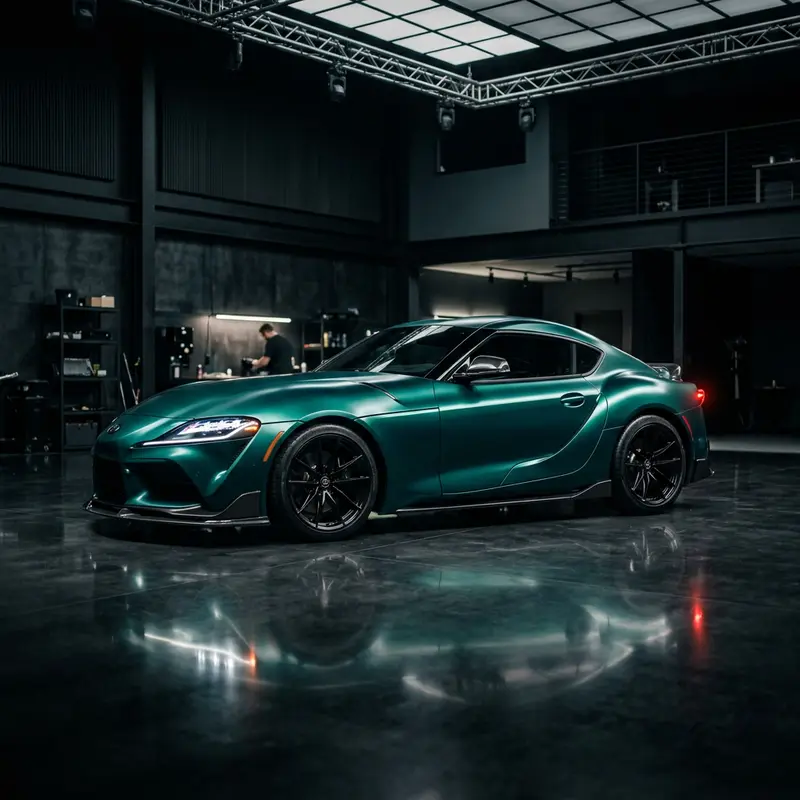Glossy teal sports coupe finished in a custom wrap under dramatic studio lighting