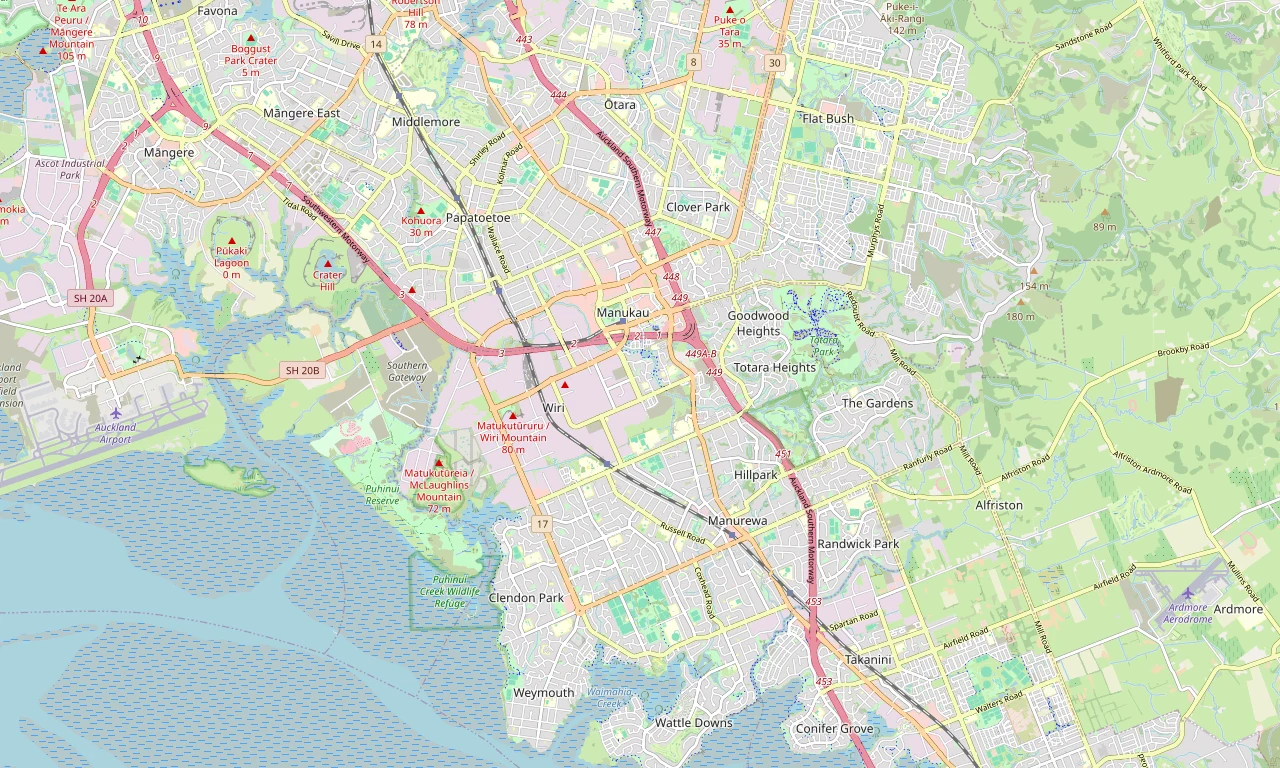 Full colour map of Manukau and surrounding South Auckland suburbs