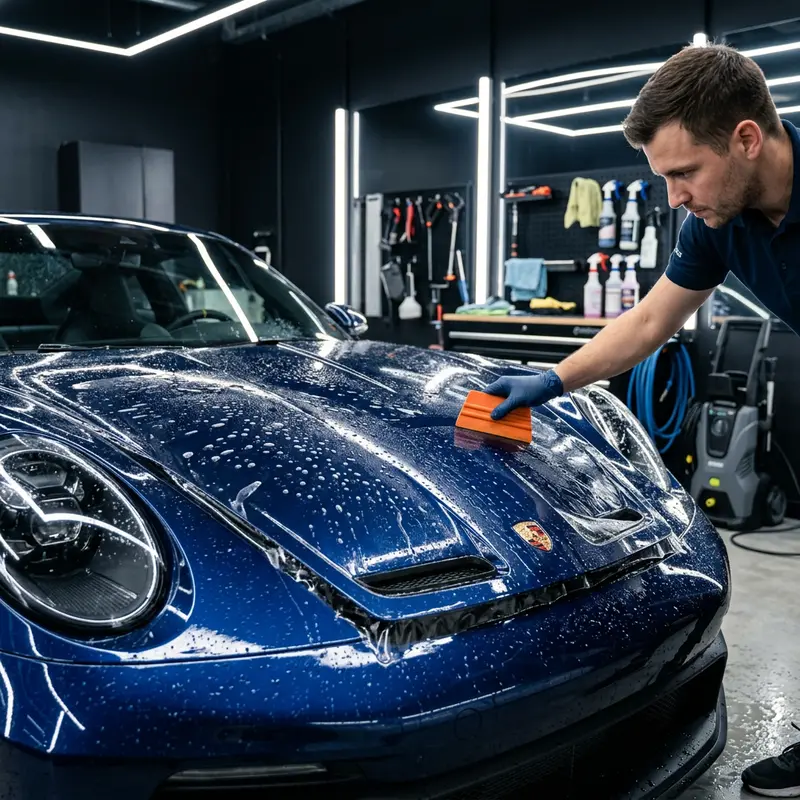 Clear paint protection film being fitted to the front of a dark blue car bonnet