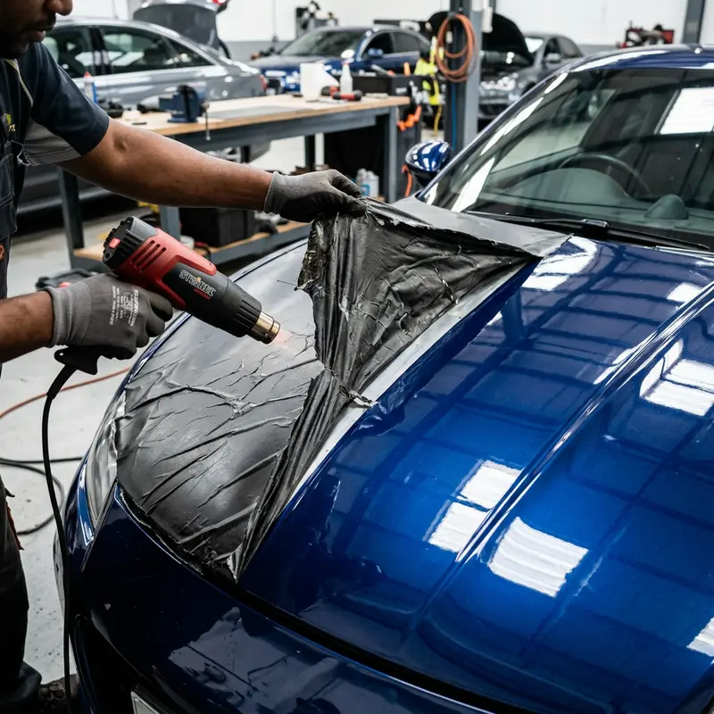 Hands peeling old vinyl wrap from a car bonnet using a heat gun to reveal glossy paint