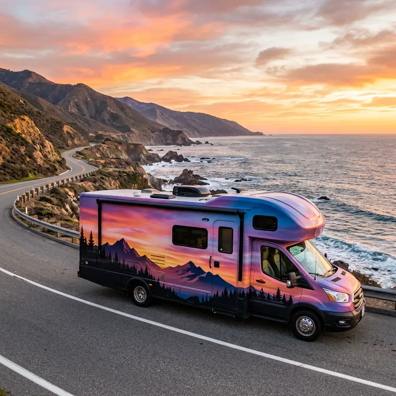 Motorhome with a sunset gradient wrap beside a coastal road