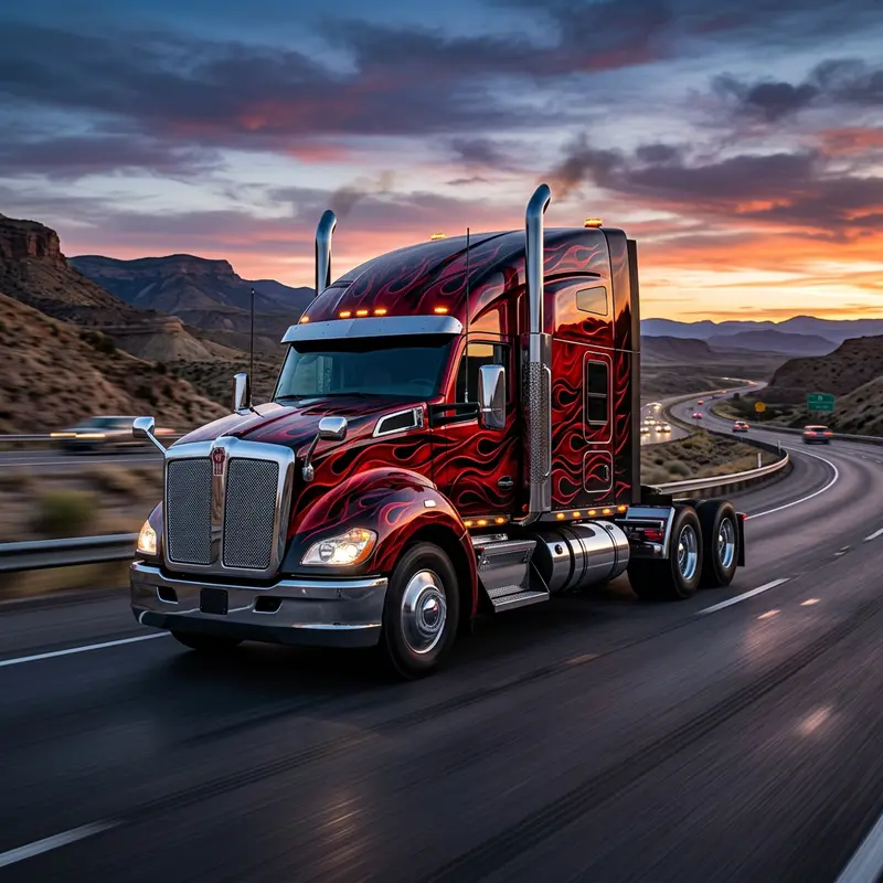 Semi truck with a metallic red and black flame wrap