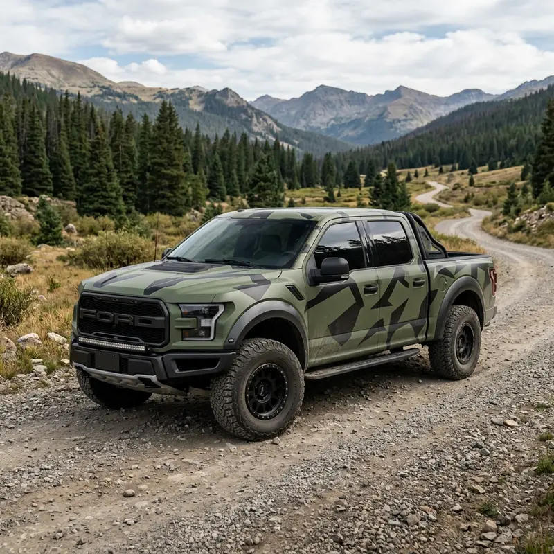 Pickup truck in matte olive green with black geometric pattern on a gravel road