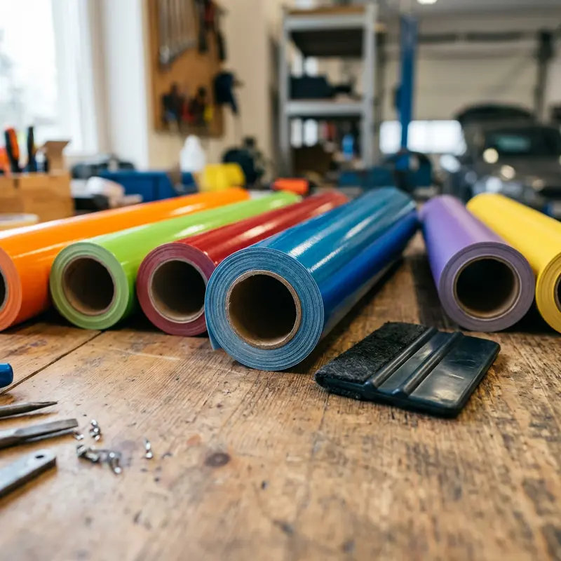 Rolls of colourful vinyl wrap film and a squeegee on a workbench